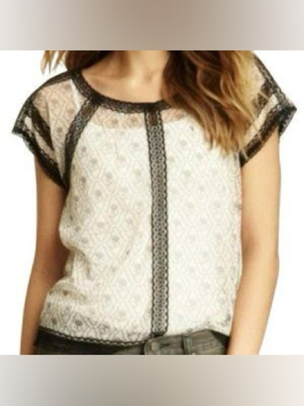 Free People Cream Lace Blouse with Black Lace Trim